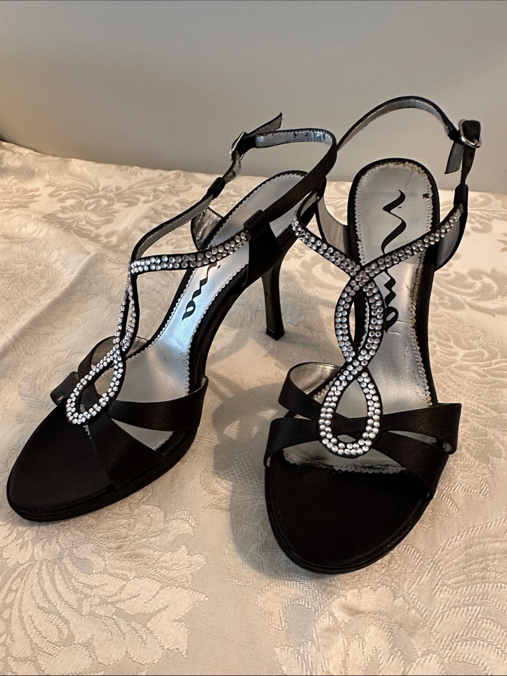 Nina Black Satin T-Strap Rhinestone High Heel Sandals